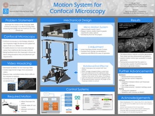 Motion System for
Confocal Microscopy
Design Team
Adam Afzali, Matthew Beatty, Robert
DeSanti, Duncan Freake, Joseph Zimo
Advisors
Patrick Murphy, M.S., Constantinos
Mavroidis, Ph.D., and Dana Brooks, Ph.D.
Problem Statement Mechanical Design
Acknowledgements
Automate the motion of the Vivascope 3000
confocal microscope in an effort to bring video
mosaicing technology into the forefront of in-vivo
clinical use.
Results
Further Advancements
Control Systems
Required Motion
1. Move Vivascope into
place
2. Provide stable XY scan
motion
3. Maintain normalcy in
one axis
Video Mosaicing
• Developed by MSKCC for the Vivascope 3000
• Creates large format images from procedural
videos
• Requires slow, controlled motion that is difficult
for a human to maintain
• Currently only used
on excised tissue
Example of a 12x12mm mosaic conducted on
excised tissue
Confocal Microscopy
• Confocal microscopy is a technology utilized to
non-invasively image the dermal and subdermal
layers of skin on a cellular level
• It enables doctors to more accurately diagnose
cancer than traditional dermoscopy methods
• Being handheld limits the Vivascope’s clinical use
due to long procedure times and advanced user
requirements
Hardware
• Rotational/Vertical automation
• Dermascope camera integration
Software
• Integration between device and Vivascope
software
• Live image stitching
• GUI enhancements – location marking, pause
Testing
• Locking arm validation
• Validation with clinicians at MSKCC
• Milind Rajadhyaksha, Ph.D., Kivanc Kose, Ph.D., Gary Peterson,
B.S., and the rest of the MSKCC team for their input throughout
the project
• IGUS for their donation of the XY travel system
• Bill Fox at Caliber I.D. for his advise towards modifying the
Vivascope 3000 and providing necessary equipment
• Jon Doughty for his manufacturing expertise
Northeastern University
Memorial Sloan Kettering Cancer Center
Micro Motion System
• 100mm travel in both X and Y
• Stepper motors enable travel at speeds
required for video capture
• Donated by IGUS for the project
Z-Adjustment
• Linear bearings provide smooth Z-travel
• Constant force springs counterbalance
rotational end effector for ease of operation
Rotational End Effector
• Allows Vivascope to be rotated ±40° from
vertical
• Roller carriages designed follow curved track
• Fine-tune adjustment of the calibration plate
provides accurate location of the imaging plane
relative to the center of the radius of curvature
• Load cell measures normal force applied to skin
• String potentiometer measures the angle of the
Vivascope relative to vertical
• The above photos indicate successful generation
from linear and two dimensional scan patterns
• Joystick motion control was successful in mosaic
generation
• Testing demonstrated that the system is
mechanically capable of performing tasks
necessary to generate mosaics
Images created by Vivascope
3000 controlled with the
motion system.
1mm
1mm
 