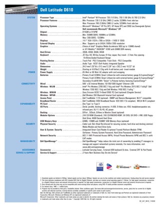 Dell Latitude D610
          SYSTEM    Processor Type . . . . . . . . . . . . . . . . . . . . . . . . . . .Intel® Pentium® M Processor 730 (1.6 GHz), 750 (1.86 GHz) & 760 (2.0 GHz)
                    Processor Features . . . . . . . . . . . . . . . . . . . . . . . .Min: Processor 730 (1.6 GHz) 2MB L2 cache, 533MHz front side bus
                                                                                               Max: Processor 760 (2.0GHz) 2MB L2 cache, 533MHz front side bus
                    Operating Systems . . . . . . . . . . . . . . . . . . . . . . . .Microsoft® Windows® XP Pro SP2, XP Home SP2 and 2000 (via Downgrade Option)
                                                                                               Dell recommends Microsoft® Windows® XP
                    Chipset . . . . . . . . . . . . . . . . . . . . . . . . . . . . . . . . . .915GM or 915PM
                    Memory . . . . . . . . . . . . . . . . . . . . . . . . . . . . . . . . .Min: 256MB DDR2; 400MHz or 533MHz
                                                                                               Max: 2GB DDR2; 533MHz
                    Displays . . . . . . . . . . . . . . . . . . . . . . . . . . . . . . . . .14.1" XGA (1024 x 768) or SXGA+ (1400 X 1050)
                    External Display . . . . . . . . . . . . . . . . . . . . . . . . . .Max: Supports up to UXGA (1600x1200) resolution
                    Graphics . . . . . . . . . . . . . . . . . . . . . . . . . . . . . . . . .Choice of Intel® Graphics Media Accelerator 900 (up to 128MB shared)
                                                                                               or ATI Mobility™ RADEON™ X300 with 64MB DDR memory
                    Hard Drives . . . . . . . . . . . . . . . . . . . . . . . . . . . . . .30GB, 40GB, 60GB, 80GB
                    Keyboard . . . . . . . . . . . . . . . . . . . . . . . . . . . . . . . ..87-Key US; 88-Key Europe; 91-Key Japan; Key travel - 2.7mm; Key spacing -
                                                                                                19.05mm;Sealed Keyboard Design
                    Pointing Device . . . . . . . . . . . . . . . . . . . . . . . . . . .Touch Pad - PS/2 Compatible; Track Stick - PS/2 Compatible
                    Audio . . . . . . . . . . . . . . . . . . . . . . . . . . . . . . . . . . .Audio Type - AC97 (Soft Audio); Integrated Speaker
                    Dimensions . . . . . . . . . . . . . . . . . . . . . . . . . . . . . .34.3 mm/1.35”(h) x 312 mm/12.28” (w) x 262.2 mm/ 10.32” (d)
                    Weight . . . . . . . . . . . . . . . . . . . . . . . . . . . . . . . . . .Starting at 4.67lbs/2.12kg with 4-cell battery and travel module
           POWER    Power Supply . . . . . . . . . . . . . . . . . . . . . . . . . . . .65 Watt or 90 Watt AC adapter with cord wrapping
                    Batteries . . . . . . . . . . . . . . . . . . . . . . . . . . . . . . . .Primary 6-cell (53WHr) Smart Lithium-Ion with external battery gauge & ExpressCharge™
                                                                                               Primary 4-cell (32WHr) Smart Lithium-Ion with external battery gauge & ExpressCharge™
                                                                                               Secondary 6-cell/48 WHr “Smart” Li-Polymer battery featuring ExpressCharge™
    CONNECTIVITY    Wired . . . . . . . . . . . . . . . . . . . . . . . . . . . . . . . . . . .56K1 v.92 Internal Modem; 10/100/1000 Gigabit2 Ethernet LAN
                    Wireless - WLAN . . . . . . . . . . . . . . . . . . . . . . . . . .Intel® Pro Wireless 2200 802.11b/g and Intel® Pro Wireless 2915 802.11a/b/gŸ Dell
                                                                                               Wireless 1350 802.11b/g and Dell Wireless 1450 802.11a/b/g."
                    Wireless - WWAN . . . . . . . . . . . . . . . . . . . . . . . . .Sony Ericsson GC83 Tri-Band EDGE PC Card (optional) [Cingular Service]
                    Wireless - WPAN . . . . . . . . . . . . . . . . . . . . . . . . . .Dell Wireless 350 Bluetooth Internal Card (optional)
                    Access Point . . . . . . . . . . . . . . . . . . . . . . . . . . . . .Dell TrueMobile 1170 (optional) - SNMP and Remote Management; Wi-Fi® compatible
                    Broadband Router . . . . . . . . . . . . . . . . . . . . . . . . .Dell TrueMobile 2300 Broadband Router- IEEE 802.11b compliant; WECA Wi-Fi compliant
   EXPANDABILITY    PC Card . . . . . . . . . . . . . . . . . . . . . . . . . . . . . . . . .One Type I or Type II
                    I/O Ports . . . . . . . . . . . . . . . . . . . . . . . . . . . . . . . . .Serial, parallel, docking connector, 4 USB, S-Video out, VGA, headphone/speaker out,
                                                                                               infrared port, RJ-11, RJ-45, AC power
                    Docking . . . . . . . . . . . . . . . . . . . . . . . . . . . . . . . . .D/Port , D/Dock, D/View or Monitor Stand (optional)
                    Modular Options . . . . . . . . . . . . . . . . . . . . . . . . . .24X CD-ROM (Standard), 24X CD-RW/DVD-ROM3; 8X DVD; 8X DVD+/-RW; USB Floppy
                                                                                               Disk Drive; 40GB Second Hard Drive
                    USB Memory Keys . . . . . . . . . . . . . . . . . . . . . . . .64MB, 128MB and 256MB4 USB Memory Keys (optional)
        SECURITY    Physical Security . . . . . . . . . . . . . . . . . . . . . . . . .Cable Lock Slot (Steel Re-inforced for securing system, hard drive and docking solution)
                                                                                               Media Module and Hard Drive locks
                    User & System Security . . . . . . . . . . . . . . . . . . .Integrated Smart Card Reader & optional Trusted Platform Module (TPM)
                                                                                               Software: Primary System Password, Hard Drive Password; Administrator Password
                    Network Security . . . . . . . . . . . . . . . . . . . . . . . . .802.11 WiFi Protected Access (WPA), Virtual Private Networks (VPN) and 802.1x with
                                                                                               EAP modes
   MANAGEABILTY     Dell OpenManage™ . . . . . . . . . . . . . . . . . . . . . . . .Dell OpenManage™ helps reduce the total cost of ownership by enabling IT managers to
                                                                                               manage and support networked systems remotely. For more information, visit
                                                                                               www.dell.com/openmanage
      ACCESSORIES   Accessories . . . . . . . . . . . . . . . . . . . . . . . . . . . . . .Latitude Carrying Cases , External USB keyboard & mice, External CRT & Flat Panels
SERVICE & SUPPORT   Service & Support . . . . . . . . . . . . . . . . . . . . . . . . .3 Years Next Business Day On-site Service5




                    1. Download speeds are limited to 53Kbps. Upload speeds are less (about 30Kbps). Speeds can vary by line condition and modem manufacturer. Analog phone line and service required.
                    2. This term indicates compliance with IEEE standard 802.3ab for Gigabit Ethernet, and does not connote actual operating speed of 1 Gb/sec. For high speed transmission, connection
                       to a Gigabit Ethernet server and network infrastructure is required. For high speed transmission, connection to a Gigabit Ethernet server and network infrastructure is required.
                    3. Discs burned with this drive may not be compatible with some existing drives and players; using DVD+R media provides maximum compatibility.
                    4. For memory keys, 1MB = 1 million bytes.
                    5. Program may be provided by third party. Availability limited. Other conditions apply. See www.dell.com/us/en/gen/services/service_service_plans.htm for current list of eligible
                       systems and selected countries. External devices excluded; availability of specific parts varies in each country.
                    Dell, the Dell logo, Dell Latitude and TrueMobile are either registered trademarks or trademarks of Dell, Inc. Intel, Intel inside logo and Pentium are registered trademarks of Intel
                    Corporation. Microsoft, Windows and Windows NT are registered trademarks of
                    Microsoft Corporation. Other trademarks and trade names are used to identify the entities claiming the marks and names of their products. Dell, Inc. disclaims any proprietary interest
                    in trademarks and trade names other than its own. © Copyright 2004 Dell, Inc. All rights reserved.
                                                                                                                                                                                         SS_LAT_D610_110204
 