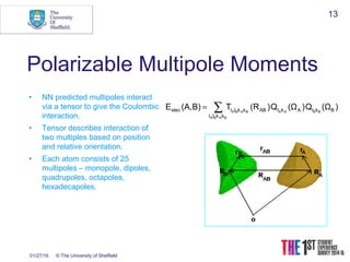 01/27/16 © The University of Sheffield
13
Polarizable Multipole Moments
• NN predicted multipoles interact
via a tensor to give the Coulombic
interaction.
• Tensor describes interaction of
two multiples based on position
and relative orientation.
• Each atom consists of 25
multipoles – monopole, dipoles,
quadrupoles, octapoles,
hexadecapoles.
)(ΩQ)(ΩQ)(RTB)(A,E Bkl
kkll
AklABkkllelec BB
BABA
AABABA∑=
 