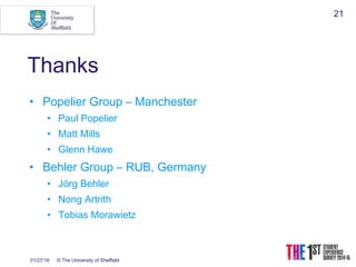 01/27/16 © The University of Sheffield
21
Thanks
• Popelier Group – Manchester
• Paul Popelier
• Matt Mills
• Glenn Hawe
• Behler Group – RUB, Germany
• Jörg Behler
• Nong Artrith
• Tobias Morawietz
 