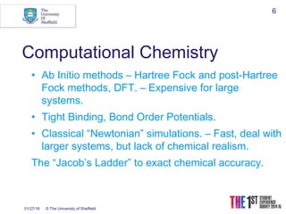 01/27/16 © The University of Sheffield
6
Computational Chemistry
• Ab Initio methods – Hartree Fock and post-Hartree
Fock methods, DFT. – Expensive for large
systems.
• Tight Binding, Bond Order Potentials.
• Classical “Newtonian” simulations. – Fast, deal with
larger systems, but lack of chemical realism.
The “Jacob’s Ladder” to exact chemical accuracy.
 