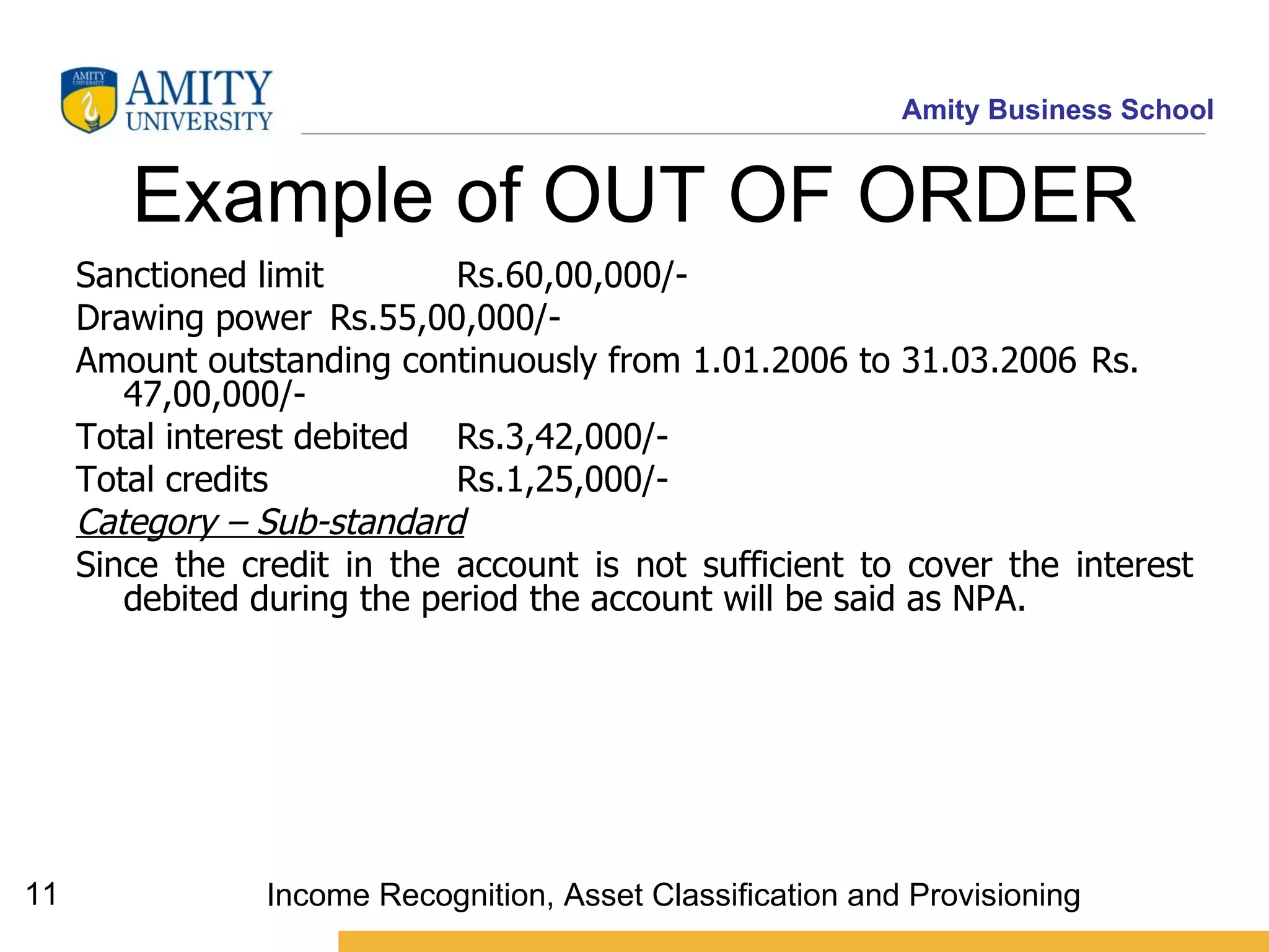 Example of OUT OF ORDER Sanctioned limit  Rs.60,00,000/- Drawing power Rs.55,00,000/- Amount outstanding continuously from 1.01.2006 to 31.03.2006  Rs. 47,00,000/- Total interest debited  Rs.3,42,000/- Total credits  Rs.1,25,000/- Category – Sub-standard Since the credit in the account is not sufficient to cover the interest debited during the period the account will be said as NPA. Income Recognition, Asset Classification and Provisioning 