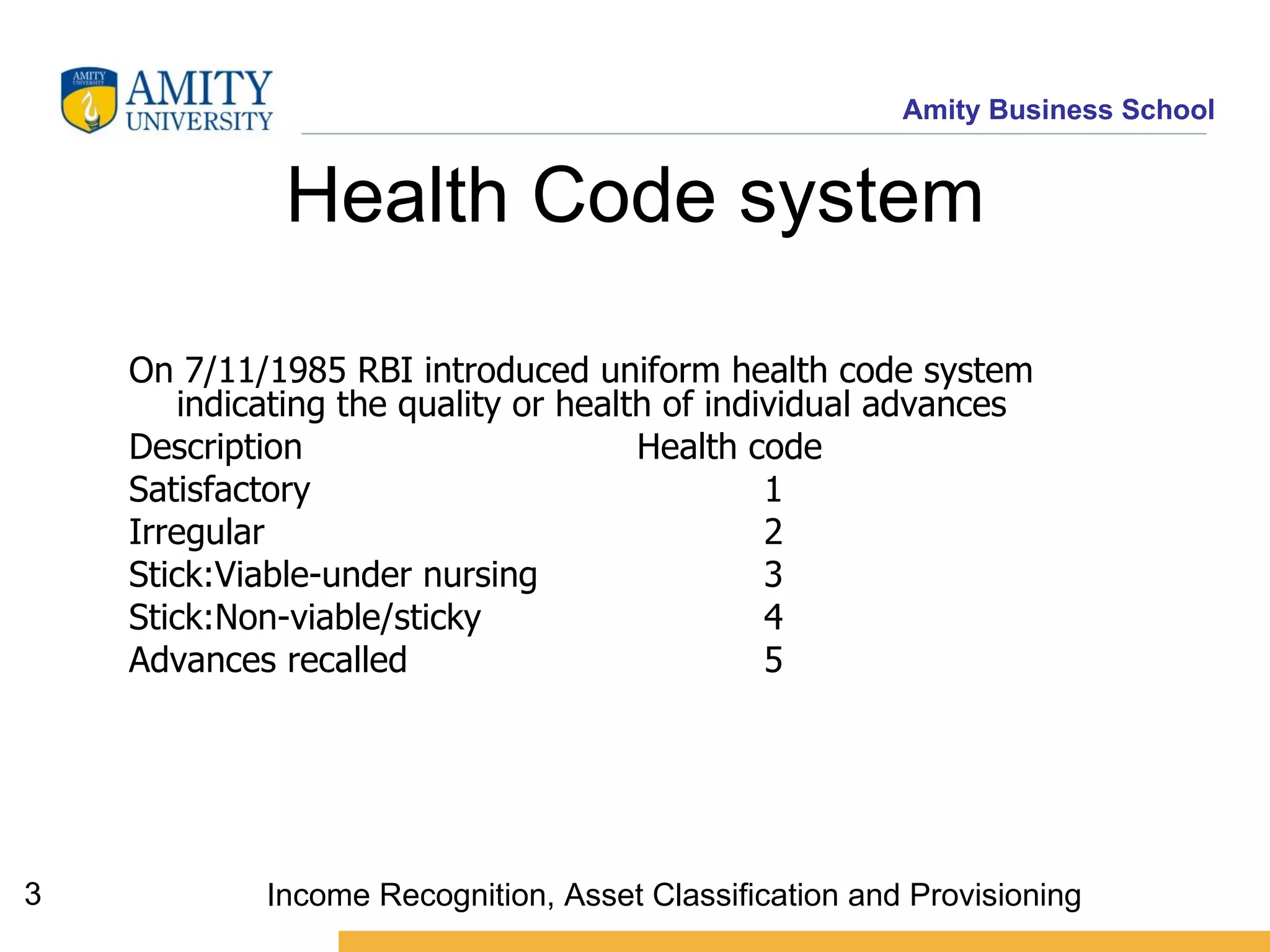 Health Code system On 7/11/1985 RBI introduced uniform health code system indicating the quality or health of individual advances  Description  Health code  Satisfactory 1 Irregular 2 Stick:Viable-under nursing 3 Stick:Non-viable/sticky 4 Advances recalled 5 Income Recognition, Asset Classification and Provisioning 