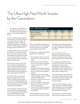 JANUARY / FEBRUARY 2016 5
FEATURE | The Ultra-High-Net-Worth Investor by the Generations
particularly among younger generations.
For example, 99.2 percent of UHNW Gen
Xers have a college degree (Federal Reserve
Board 2013).
Communication and Trust
Naturally, attracting and retaining an
UHNW client is any financial advisors’
goal. But overlooking some basic relation-
ship fundamentals can lose UHNW clients.
For example, communication is key to a
successful UHNW advisor-client relation-
ship and response time is crucial.
According to one Vanguard report, not
returning phone calls in a timely manner is
the number-one reason UHNW investors
switch advisors (Vanguard 2014).
Good communication is not limited to cli-
ent and advisor. Sandeep Varma, president
of ATS Advanced Trustee Strategies, which
specializes in estate planning, always
includes the family.
“Before we implement strategies, we have a
family meeting that includes the children,
without their spouses, and we have regular
family meetings throughout the relation-
ship,” Varma said in an interview.
Trust is important as well. Varma said he
believes that a team approach can help to
However, male UHNW individuals gener-
ate the jobs. The top 10 U.S. male entrepre-
neurs alone employ more than 865,000
people (Wealth-X and UBS 2014).
The following is a snapshot of the UHNW
population in the United States:
•	 The United States is home to more bil-
lionaires than any other country in the
world.
•	 New York City is the U.S. city that is
home to the most UHNW individuals—
12 percent of the total U.S. UHNW
population.
•	 Charlotte, North Carolina (population
800,000), has more UHNW individuals
than the country of Israel (population
8 million).
•	 California is the state with the largest
UHNW population, with 13,445 UHNW
individuals (Wealth-X 2015).
•	 59 percent of UHNW are retired; 16 per-
cent are semi-retired.
•	 25 percent of UHNW are still working.
•	 89 percent of UHNW use a financial
advisor (Vanguard 2014).
•	 9 percent of U.S. UHNW individuals are
in the technology industry (Wealth-X
and UBS 2014).
UHNW individuals have higher levels of
education than those who are not UHNW,
U
ltra-high-net-worth (UHNW) inves-
tors represent the top 1 percent of
households by wealth, that exclusive
segment so often praised and pilloried in
the press.
Not to be confused with merely high-net-
worth investors, each UHNW investor has
a net worth of at least $25 million. The
United States is home to 177,000 such
households (Federal Reserve Board 2013)
and has the world’s largest concentration of
this upper wealth tier (Wealth-X 2015).
As a group, UHNW investors have amassed
their fortunes as entrepreneurs and busi-
ness owners, senior corporate executives,
and consultants. The wealth of this popula-
tion is 76 percent self-made; only 13 per-
cent have benefited solely from inheritances
(Wealth-X and UBS 2014).
The face of the 1 percent is mostly white
and non-Hispanic, and this population
decreases only incrementally between gen-
erations. Nearly 96 percent of the mature
UHNW population and 94.5 percent of
UHNW baby boomers fit this profile (see
table 1) (Federal Reserve Board 2013).
The UHNW world is a man’s domain
because men represent 87 percent of
UHNW individuals. Women comprise
13 percent of the UHNW population, but
there are more female UHNW individuals
in the United States than there are UHNW
individuals total in all of India.
In the United States, UHNW women have
more individual net worth than UHNW
men. On average, female UHNW individu-
als are worth $160 million and male
UHNW males are worth $132 million.
The Ultra-High-Net-Worth Investor
by the Generations
By Cam Marston
Table 1: UHNW Breakdown by Race
  Matures Boomer Gen X Total
White non-Hispanic 95.5 94.5 70.9 92.1
Black/African American 0.6 0.4 0 0.4
Hispanic 0 2.2 0 1.2
Other 3.9 2.9 29.1 6.3
Note: Other is a broad category that includes Asian. Source: Federal Reserve Board 2013 Survey of Consumer Finances
© 2016 Investment Management Consultants Association Inc. Reprinted with permission. All rights reserved.
 