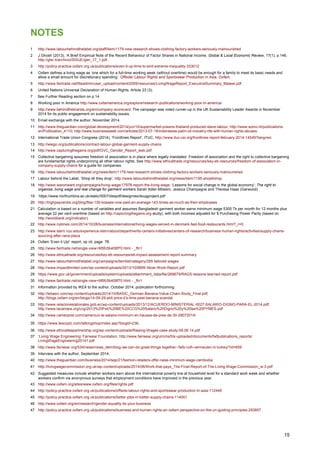 15
NOTES
1 http://www.labourbehindthelabel.org/staff/item/1179-new-research-shows-clothing-factory-workers-seriously-malnourished
2 J.Ghosh (2013), ‘A Brief Empirical Note of the Recent Behaviour of Factor Shares in National Income, Global & Local Economic Review, 17(1), p.146,
http://gler.it/archivio/ISSUE/gler_17_1.pdf.
3 http://policy-practice.oxfam.org.uk/publications/even-it-up-time-to-end-extreme-inequality-333012
4 Oxfam defines a living wage as ‘one which for a full-time working week (without overtime) would be enough for a family to meet its basic needs and
allow a small amount for discretionary spending’. Offside! Labour Rights and Sportswear Production in Asia, Oxfam.
5 http://www.fairtrade.net/fileadmin/user_upload/content/2009/resources/LivingWageReport_ExecutiveSummary_Malawi.pdf
6 United Nations Universal Declaration of Human Rights, Article 23 (3).
7 See Further Reading section on p.14
8 Working poor in America http://www.oxfamamerica.org/explore/research-publications/working-poor-in-america/
9 http://www.behindthebrands.org/en/company-scorecard. The campaign was voted runner-up in the UK Sustainability Leader Awards in November
2014 for its public engagement on sustainability issues.
10 Email exchange with the author, November 2014.
11 http://www.theguardian.com/global-development/2014/jun/10/supermarket-prawns-thailand-produced-slave-labour; http://www.somo.nl/publications-
en/Publication_4110; http://www.businessweek.com/articles/2013-07-18/indonesias-palm-oil-industry-rife-with-human-rights-abuses.
12 International Trade Union Congress (2014), ‘Frontlines Report’, ITUC, http://www.ituc-csi.org/frontlines-report-february-2014-14549?lang=en
13 http://wiego.org/publications/contract-labour-global-garment-supply-chains
14 http://www.capturingthegains.org/pdf/GVC_Gender_Report_web.pdf
15 Collective bargaining assumes freedom of association is in place where legally mandated. Freedom of association and the right to collective bargaining
are fundamental rights underpinning all other labour rights. See http://www.ethicaltrade.org/resources/key-eti-resources/freedom-of-association-in-
company-supply-chains for a guide for companies.
16 http://www.labourbehindthelabel.org/news/item/1179-new-research-shows-clothing-factory-workers-seriously-malnourished
17 Labour behind the Label, ‘Shop till they drop’, http://www.labourbehindthelabel.org/news/item/1195-shoptildrop
18 http://www.waronwant.org/campaigns/living-wage/17978-report-the-living-wage; ‘Lessons for social change in the global economy’; The right to
organise, living wage and real change for garment workers Sarah Adler-Milstein, Jessica Champagne and Theresa Haas (Garwood)
19 https://www.northumbria.ac.uk/static/5007/despdf/designres/dougproject.pdf
20 http://highpaycentre.org/blog/ftse-100-bosses-now-paid-an-average-143-times-as-much-as-their-employees
21 Calculation is based on a number of variables and assumes Bangladesh garment worker earns minimum wage 5300 Tk per month for 12 months plus
average 22 per cent overtime (based on http://capturingthegains.org study), with both incomes adjusted for $ Purchasing Power Parity (based on
http://worldbank.org/indicator).
22 http://www.nytimes.com/2014/10/28/business/international/living-wages-served-in-denmark-fast-food-restaurants.html?_r=0
23 http://www.stern.nyu.edu/experience-stern/about/departments-centers-initiatives/centers-of-research/business-human-rights/activities/supply-chains-
sourcing-after-rana-plaza
24 Oxfam ‘Even it Up!’ report, op cit, page 78.
25 http://www.fairtrade.net/single-view+M5fc5b408f70.html - _ftn1
26 http://www.ethicaltrade.org/resources/key-eti-resources/eti-impact-assessment-report-summary
27 http://www.labourbehindthelabel.org/campaigns/itemlist/category/295-tailored-wages
28 http://www.impacttlimited.com/wp-content/uploads/2013/10/BBW-Nicer-Work-Report.pdf
29 https://www.gov.uk/government/uploads/system/uploads/attachment_data/file/269679/RAGS-lessons-learned-report.pdf
30 http://www.fairtrade.net/single-view+M5fc5b408f70.html - _ftn1
31 Information provided by IKEA to the author, October 2014, publication forthcoming.
32 http://lebasic.com/wp-content/uploads/2014/10/BASIC_German-Banana-Value-Chain-Study_Final.pdf;
http://blogs.oxfam.org/en/blogs/14-09-29-aldi-price-it’s-time-peel-banana-scandal
33 http://www.relacioneslaborales.gob.ec/wp-content/uploads/2013/12/ACUERDO-MINISTERIAL-0027-SALARIO-DIGNO-PARA-EL-2014.pdf;
http://www.lacamara.org/ccg/2013%20Feb%20BE%20CCG%20Salario%20Digno%20y%20las%20PYMES.pdf
34 http://www.camerpost.com/cameroun-le-salaire-minimum-en-hausse-de-pres-de-30-28072014/
35 https://www.tescoplc.com/talkingshop/index.asp?blogid=236.
36 http://www.ethicalteapartnership.org/wp-content/uploads/Raising-Wages-case-study-09.06.14.pdf
37 ‘Living Wage Engineering’ Fairwear Foundation, http://www.fairwear.org/ul/cms/fck-uploaded/documents/fwfpublications_reports/
LivingWageEngineering20141.pdf
38 http://www.fairwear.org/534/news/news_item/blog-we-can-do-great-things-together--fwfs-ruth-vermeulen-in-turkey/?id=659
39 Interview with the author, September 2014.
40 http://www.theguardian.com/business/2014/sep/21/fashion-retailers-offer-raise-minimum-wage-cambodia
41 http://livingwagecommission.org.uk/wp-content/uploads/2014/06/Work-that-pays_The-Final-Report-of-The-Living-Wage-Commission_w-3.pdf
42 Suggested measures include whether workers earn above the international poverty line at household level for a standard work week and whether
workers confirm via anonymous surveys that employment conditions have improved in the previous year.
43 http://www.oxfam.org/sites/www.oxfam.org/files/rights.pdf
44 http://policy-practice.oxfam.org.uk/publications/offside-labour-rights-and-sportswear-production-in-asia-112448
45 http://policy-practice.oxfam.org.uk/publications/better-jobs-in-better-supply-chains-114001
46 http://www.oxfam.org/en/research/gender-equality-its-your-business
47 http://policy-practice.oxfam.org.uk/publications/business-and-human-rights-an-oxfam-perspective-on-the-un-guiding-principles-293857
 