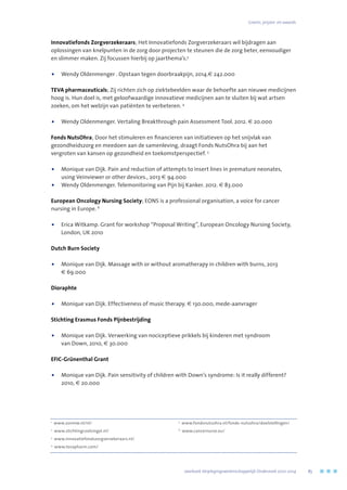 Innovatiefonds Zorgverzekeraars; Het Innovatiefonds Zorgverzekeraars wil bijdragen aan
oplossingen van knelpunten in de zorg door projecten te steunen die de zorg beter, eenvoudiger
en slimmer maken. Zij focussen hierbij op jaarthema’s.3
•	 Wendy Oldenmenger . Opstaan tegen doorbraakpijn, 2014.€ 242.000
TEVA pharmaceuticals; Zij richten zich op ziektebeelden waar de behoefte aan nieuwe medicijnen
hoog is. Hun doel is, met geloofwaardige innovatieve medicijnen aan te sluiten bij wat artsen
zoeken, om het welzijn van patiënten te verbeteren. 4
•	 Wendy Oldenmenger. Vertaling Breakthrough pain Assessment Tool. 2012. € 20.000
Fonds NutsOhra; Door het stimuleren en financieren van initiatieven op het snijvlak van
gezondheidszorg en meedoen aan de samenleving, draagt Fonds NutsOhra bij aan het
vergroten van kansen op gezondheid en toekomstperspectief. 5
•	Monique van Dijk. Pain and reduction of attempts to insert lines in premature neonates,
using Veinviewer or other devices., 2013 € 94.000
•	Wendy Oldenmenger. Telemonitoring van Pijn bij Kanker. 2012. € 83.000
European Oncology Nursing Society; EONS is a professional organisation, a voice for cancer
nursing in Europe. 6
•	Erica Witkamp. Grant for workshop “Proposal Writing”, European Oncology Nursing Society,
London, UK 2010
Dutch Burn Society
•	Monique van Dijk. Massage with or without aromatherapy in children with burns, 2013
€ 69.000
Dioraphte
•	 Monique van Dijk. Effectiveness of music therapy. € 130.000, mede-aanvrager
Stichting Erasmus Fonds Pijnbestrijding
•	Monique van Dijk. Verwerking van nociceptieve prikkels bij kinderen met syndroom
van Down, 2010, € 30.000
EFIC-Grünenthal Grant
•	Monique van Dijk. Pain sensitivity of children with Down’s syndrome: Is it really different?
2010, € 20.000
1
www.zonmw.nl/nl/
2
www.stichtingcoolsingel.nl/
3
www.innovatiefondszorgverzekeraars.nl/
4
www.tevapharm.com/
5
www.fondsnutsohra.nl/fonds-nutsohra/doelstellingen/
6
www.cancernurse.eu/
	 Jaarboek Verplegingswetenschappelijk Onderzoek 2010-2014	 85
Grants, prijzen  en awards
 