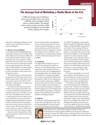 M&EJOURNAL  121
J. Kent Bracken is the vertical markets development lead for the Media and
Entertainment team under Capgemini’s BPO practice. His experience includes top
corporations Accenture, HP, Thomson Reuters, and Computer Sciences Corp and more
than eight years of international consulting work in Milan, Geneva, Buenos Aires and
Johannesburg.
major drivers impacting participations: head-
winds in revenue and cost; increasing com-
plexity; and litigation.
1. Revenue and cost challenges
At the Hollywood HITS Digital Marketing
and Analytics Summit last year, Professor Jon-
athan Taplin noted in his keynote address that
as electronic downloads continue to replace
hard media sales, many companies are suffer-
ing from lower incremental revenue and profit
in home entertainment. Taplin also noted the
increase in general production and market-
ing costs. His broad thesis was that sweeping
changes in the industry must be addressed
by content companies in order to prevail in a
disrupted ecosystem.
The Motion Picture Association of Amer-
ica reported in the 2013 release of Theatrical
Market Statistics that U.S. box office revenue
rose less than 1 percent from 2012 to 2013.
Meanwhile, marketing costs are surging, creat-
ing a drag on profitability.
As content providers shift their business
models to meet consumer demands for qual-
ity content with flexible viewing alternatives,
traditional studio revenue has taken on a new
form. New technologies and new channels
are redirecting revenue in the industry as con-
sumers spend more to access content online
through companies like Netflix or Amazon,
which in turn both push for better pricing
from content owners and invest in their own
content creation. We also expect these new
content creators to consume a visible piece of
the new market pie as their capacity emerges.
Revenue can also be impacted by a shrink-
ing theatrical release window and related new
pricing models.
While US revenue growth is slowing,
the international market is expanding and
content creators face growing costs in inter-
national overhead, marketing costs, and new
systems and processes, all of which must be
rationalized. As part of a larger plan to stream-
line and improve the overall finance and ac-
counting function, the participations function
can harvest substantial savings and increased
capability.
2. Complexity
The digital shift has enabled content com-
panies to take advantage of new delivery
channels, new international markets, and new
acquisitions and partnerships. However, as
sources of revenue react to changing demand
and expanding markets, the resulting volume
and complexity are taxing existing capabili-
ties in systems, reporting and integration for
participations. Studios are also acquiring new
content companies with unique capabilities
in the over-the-top (OTT) space, accelerating
the need to integrate systems and tools in or-
der to rationalize operating costs. Production
and financing partners are increasingly present
on deals and they expect greater transparency.
In general, deal complexity has increased for
all parties, including participants.
3. Litigation
The discussion of profit participations often
invokes stories of disagreements with talent
and resulting litigation, sometimes focused
on the lack of transparency in how profits
are defined. This litigation touches popular
titles like Smallville, Walking Dead, Dora the
Explorer, and Butterfly Effect, along with doz-
ens of others. The costs go beyond lawyers
and settlements. Support staff, research and
analysis, accounting and other costs must also
be factored in. Litigation can also damage the
reputation of content companies, impact-
ing their ability to attract top talent. And to
remind us of materiality, Charles G Harder
wrote in his book “Entertainment Litigation”
that the estate of J.R.R. Tolkien had recently
settled for “over $100 million with New Line
Cinema over 7.5 percent of gross receipts
from The Lord of the Rings Trilogy.” That’s
real money.
No business strategist likes to see increas-
ing competition, downward pressure on rev-
enue and rising costs, without an innovative
plan to maximize the use of technology and
people to counter those expanding threats.
Tom Torlone, US Leader of Shared Ser-
vices and Outsourcing at Price Waterhouse
Coopers, notes: “The pain is real. Administer-
ing entertainment payment structures is labor-
intensive, expensive and fraught with legal
liabilities. Our clients are eager to find an end-
to-end solution that relieves the administrative
burden of these processes, from contract ad-
ministration to payment processing, allowing
them to focus on higher-value activities. The
challenge is that providers are hesitant to in-
vest in these capabilities when there is limited
market potential (i.e. established and emerging
In 1980, the average cost of marketing a
studio movie was $4.3 million, according
to MPAA, which translates to $12.4
million in today’s dollars. The average
cost to market a medium-size film in 2014
has been estimated at more than $40
million, a 225 percent increase.
CONTENT
INNOVATION
The Average Cost of Marketing a Studio Movie in the U.S.
 