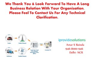 We Thank You & Look Forward To Have A Long
Business Relation With Your Organisation.
Please Feel To Contact Us For Any Technical
Clarification.
iprovidesolutions
Avtar S Bainsla
946-8000-946
Delhi- NCR
 