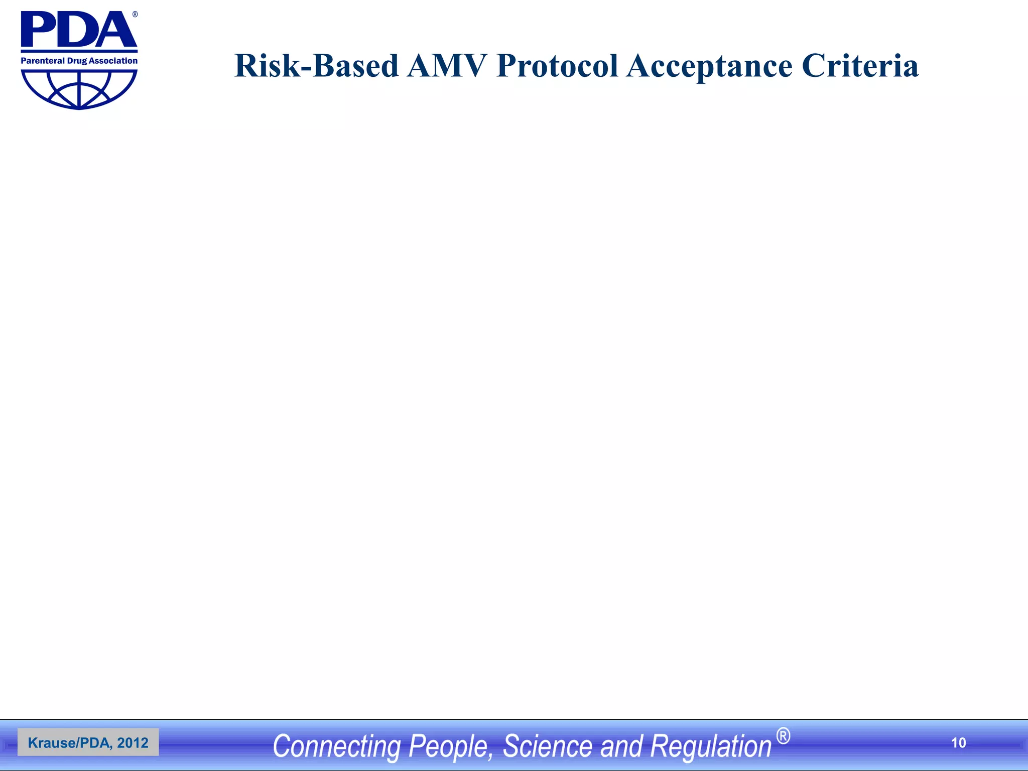 10
Risk-Based AMV Protocol Acceptance Criteria
Krause/PDA, 2012
 