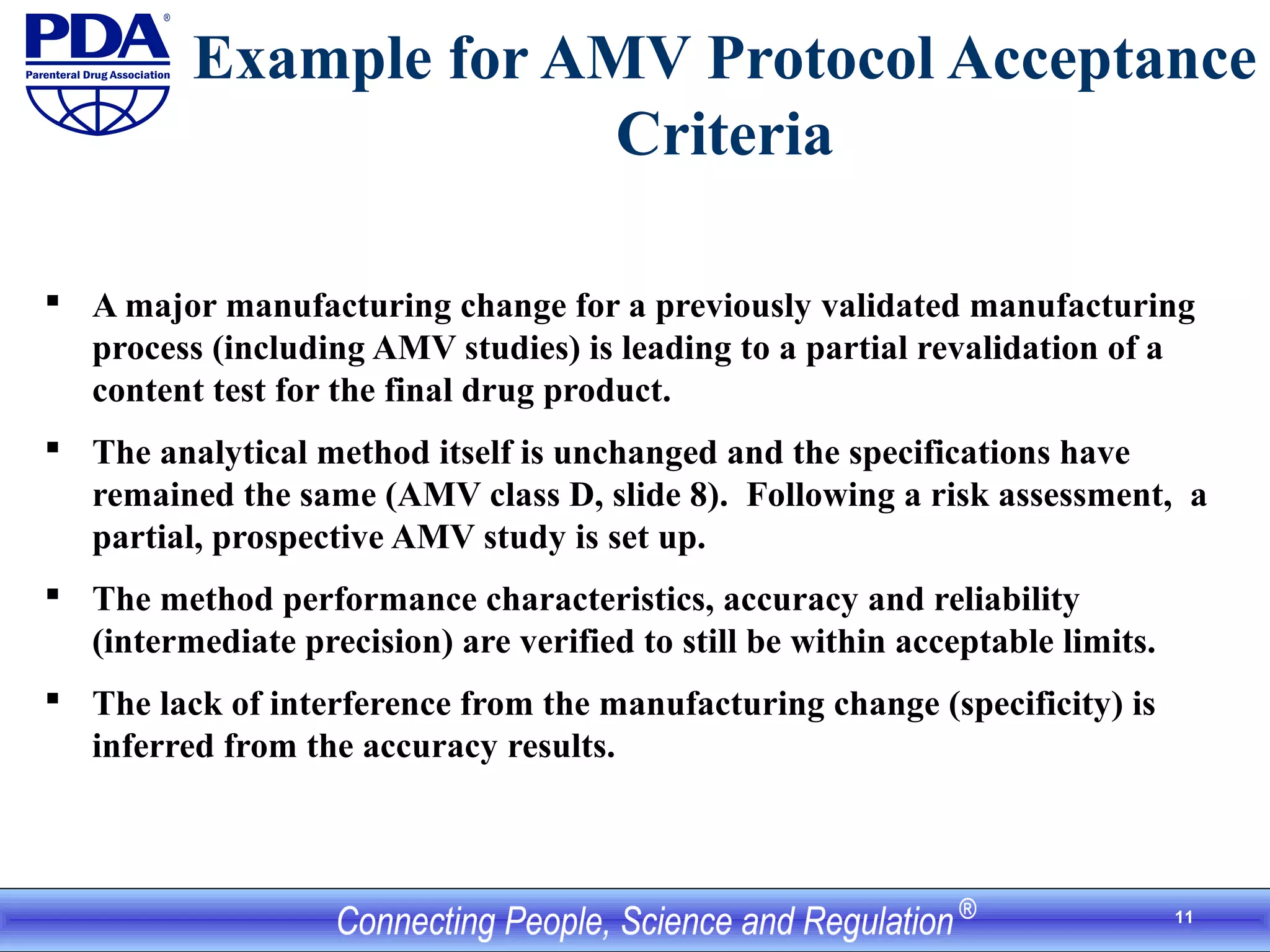 11
Example for AMV Protocol Acceptance
Criteria
 A major manufacturing change for a previously validated manufacturing
process (including AMV studies) is leading to a partial revalidation of a
content test for the final drug product.
 The analytical method itself is unchanged and the specifications have
remained the same (AMV class D, slide 8). Following a risk assessment, a
partial, prospective AMV study is set up.
 The method performance characteristics, accuracy and reliability
(intermediate precision) are verified to still be within acceptable limits.
 The lack of interference from the manufacturing change (specificity) is
inferred from the accuracy results.
 