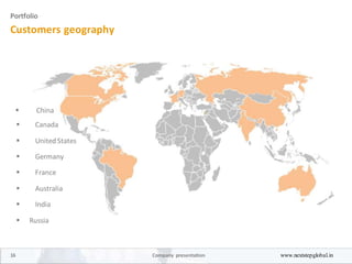 Portfolio
Customers geography
 China 
Canada
UnitedStates
Germany
France
Australia
India
 Russia 
16 Company presentation www.nextstepglobal.in
 