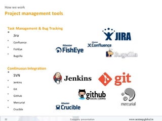How we work
Project management tools
Task Management & Bug Tracking

Jira



Confluence



FishEye



Bugzilla

Continuous Integration

SVN



Jenkins



Git



GitHub



Mercurial



Crucible

22 Company presentation www.nextstepglobal.in
 