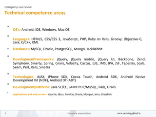 Company overview
Technical competence areas

OS's: Android, iOS, Windows, Mac OS



Languages: HTML5, CSS/CSS 3, JavaScript, PHP, Ruby on Rails, Groovy, Objective-C,
Java, C/C++, XML


 Databases: MySQL, Oracle, PostgreSQL, Mongo, JackRabbit 


Developmentframeworks: jQuery, jQuery mobile, jQuery UI, BackBone, Zend,
Symphony, Smarty, Spring, Grails, Velocity, Cactus, EJB, JMS, JPA, JSF, Tapestry, Scala,
Seam, Perl, Rails, Sinatra



Technologies: AJAX, iPhone SDK, Cocoa Touch, Android SDK, Android Native
Development Kit (NDK), Android DT (ADT)


Developmentplatforms: Java SE/EE, LAMP PHP/MySQL, Rails, Grails



Applications and web servers: Apache, JBoss, TomCat, Oracle, Mongrel, Jetty, GlassFish

3 Company presentation www.nextstepglobal.in
 