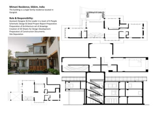 Mimani Residence, Sikkim, India
The building is a single family residence located in
Gangtok.
Role & Responsibility:
Assistant Designer & the Leader in a team of 4 People
Schematic Design & Detail Project Report Preparation
Preparation of Architecture set of drawings.
Creation of 2D Sheets for Design Development.
Preparation of Construction Documents.
Site Deputation
 