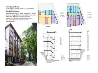 Hotel Golden Crest
A hotel located in Gangtok, Sikkim. It is a 5 1/2 storeyed
hotel with 27 rooms.
Role & Responsibility:
Assistant Designer & the Leader in a team of 4 People.
Schematic Design & Detail Project Report Preparation.
Preparation of Architecture set of drawings.
Creation of 2D Sheets for Design Development.
Preparation of Construction Documents.
Site Deputation
 