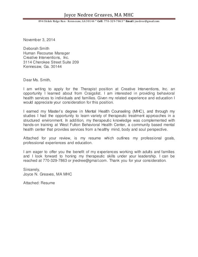 Joyce Nedree Greaves, MA MHC
894 Shiloh Ridge Run ∙ Kennesaw, GA 30144 * Cell: 770-329-7863 * Email: jnedree@gmail.com
Nov...