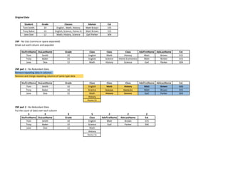 Original Data
Student Grade Classes Adviser Ext
Tom Smith 10 English , Math, History Matt Brown 315
Tony Baker 10 English, Science, Home Ec Matt Brown 315
Jane Doe 12 Math, History, Science Gail Parker 304
1NF - No Lists (comma or space separated)
Break out each column and populate
StuFirstName StuLastName Grade Class Class Class AdvFirstName AdvLastName Ext
Tom Smith 10 English Math History Matt Brown 315
Tony Baker 10 English Science Home Economics Matt Brown 315
Jane Doe 12 Math History Science Gail Parker 304
2NF part 1 - No Redundant Data
Remove repeating data in columns
Remove and merge repeating columns of same type data
StuFirstName StuLastName Grade Class Class Class AdvFirstName AdvLastName Ext
Tom Smith 10 English Math History Matt Brown 315
Tony Baker 10 Science Science Home Ec Matt Brown 315
Jane Doe 12 Math History Science Gail Parker 304
History
Home Ec
2NF part 2 - No Redundant Data
Put the count of Data over each column
3 3 3 5 2 2 2
StuFirstName StuLastName Grade Class AdvFirstName AdvLastName Ext
Tom Smith 10 English Matt Brown 315
Tony Baker 10 Science Gail Parker 304
Jane Doe 12 Math
History
Home Ec
 