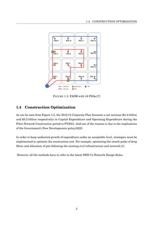 1.4. CONSTRUCTION OPTIMIZATION
FIGURE 1.3. FASM with 16 FDAs.[7]
1.4 Construction Optimization
As can be seen from Figure 1.5, the 2012-15 Corporate Plan forecasts a net increase ($1.4 billion
and $3.2 billion respectively) in Capital Expenditure and Operating Expenditure during the
Fibre Network Construction period to FY2021. And one of the reasons is due to the implications
of the Government’s New Developments policy.[9][2]
In order to keep undesired growth of expenditure under an acceptable level, strategies must be
implemented to optimise the construction cost. For example, optimising the trench paths of drop
ﬁbres and allocation of pits following the existing civil infrastructure and network.[1]
However, all the methods have to refer to the latest NBN Co Network Design Rules.
3
 