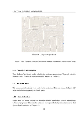 CHAPTER 4. SUBURBAN AREA EXAMPLE
FIGURE 4.1. Original Map in Sub 1
Figure 4.5 and Figure 4.6 illustrate the distances between Access Points and Exchange Centre.
4.1.3 Spanning Tree Layout
Then, the Prim Algorithm is used to calculate the minimum spanning tree. The result output is
shown in Figure 4.7 and the visualisation result is shown in Figure 4.8.
4.2 Suburb Two
This area is selected randomly where located in the northern of Melbourne Metropolis.Figure 4.10
is the original map retrieving from Google Maps.
4.2.1 Data Collection
Google Maps API is used to collect the geography data for the following analysis. As described
before, our program could acquire the addresses of every residential premises in this area. And
the raw data is presented in Figure 4.11.
12
 