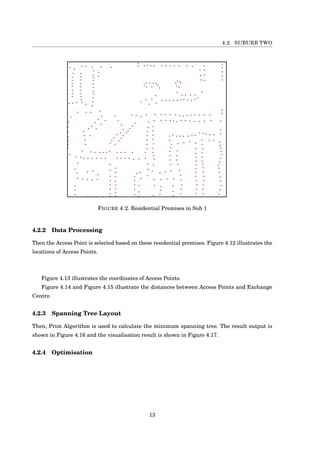 4.2. SUBURB TWO
FIGURE 4.2. Residential Premises in Sub 1
4.2.2 Data Processing
Then the Access Point is selected based on these residential premises. Figure 4.12 illustrates the
locations of Access Points.
Figure 4.13 illustrates the coordinates of Access Points.
Figure 4.14 and Figure 4.15 illustrate the distances between Access Points and Exchange
Centre.
4.2.3 Spanning Tree Layout
Then, Prim Algorithm is used to calculate the minimum spanning tree. The result output is
shown in Figure 4.16 and the visualisation result is shown in Figure 4.17.
4.2.4 Optimisation
13
 