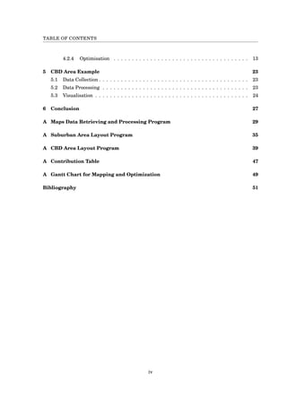 TABLE OF CONTENTS
4.2.4 Optimisation . . . . . . . . . . . . . . . . . . . . . . . . . . . . . . . . . . . . . 13
5 CBD Area Example 23
5.1 Data Collection . . . . . . . . . . . . . . . . . . . . . . . . . . . . . . . . . . . . . . . . . 23
5.2 Data Processing . . . . . . . . . . . . . . . . . . . . . . . . . . . . . . . . . . . . . . . . 23
5.3 Visualisation . . . . . . . . . . . . . . . . . . . . . . . . . . . . . . . . . . . . . . . . . . 24
6 Conclusion 27
A Maps Data Retrieving and Processing Program 29
A Suburban Area Layout Program 35
A CBD Area Layout Program 39
A Contribution Table 47
A Gantt Chart for Mapping and Optimization 49
Bibliography 51
iv
 