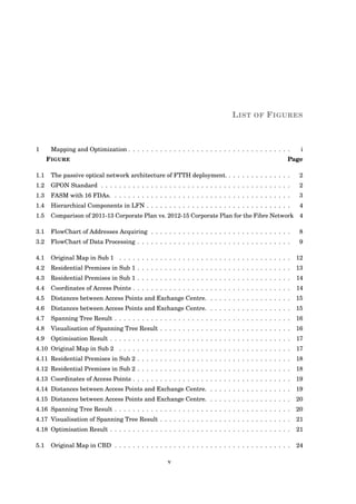 LIST OF FIGURES
1 Mapping and Optimization . . . . . . . . . . . . . . . . . . . . . . . . . . . . . . . . . . . . i
FIGURE Page
1.1 The passive optical network architecture of FTTH deployment. . . . . . . . . . . . . . . 2
1.2 GPON Standard . . . . . . . . . . . . . . . . . . . . . . . . . . . . . . . . . . . . . . . . . . 2
1.3 FASM with 16 FDAs. . . . . . . . . . . . . . . . . . . . . . . . . . . . . . . . . . . . . . . . 3
1.4 Hierarchical Components in LFN . . . . . . . . . . . . . . . . . . . . . . . . . . . . . . . . 4
1.5 Comparison of 2011-13 Corporate Plan vs. 2012-15 Corporate Plan for the Fibre Network 4
3.1 FlowChart of Addresses Acquiring . . . . . . . . . . . . . . . . . . . . . . . . . . . . . . . 8
3.2 FlowChart of Data Processing . . . . . . . . . . . . . . . . . . . . . . . . . . . . . . . . . . 9
4.1 Original Map in Sub 1 . . . . . . . . . . . . . . . . . . . . . . . . . . . . . . . . . . . . . . 12
4.2 Residential Premises in Sub 1 . . . . . . . . . . . . . . . . . . . . . . . . . . . . . . . . . . 13
4.3 Residential Premises in Sub 1 . . . . . . . . . . . . . . . . . . . . . . . . . . . . . . . . . . 14
4.4 Coordinates of Access Points . . . . . . . . . . . . . . . . . . . . . . . . . . . . . . . . . . . 14
4.5 Distances between Access Points and Exchange Centre. . . . . . . . . . . . . . . . . . . 15
4.6 Distances between Access Points and Exchange Centre. . . . . . . . . . . . . . . . . . . 15
4.7 Spanning Tree Result . . . . . . . . . . . . . . . . . . . . . . . . . . . . . . . . . . . . . . . 16
4.8 Visualisation of Spanning Tree Result . . . . . . . . . . . . . . . . . . . . . . . . . . . . . 16
4.9 Optimisation Result . . . . . . . . . . . . . . . . . . . . . . . . . . . . . . . . . . . . . . . . 17
4.10 Original Map in Sub 2 . . . . . . . . . . . . . . . . . . . . . . . . . . . . . . . . . . . . . . 17
4.11 Residential Premises in Sub 2 . . . . . . . . . . . . . . . . . . . . . . . . . . . . . . . . . . 18
4.12 Residential Premises in Sub 2 . . . . . . . . . . . . . . . . . . . . . . . . . . . . . . . . . . 18
4.13 Coordinates of Access Points . . . . . . . . . . . . . . . . . . . . . . . . . . . . . . . . . . . 19
4.14 Distances between Access Points and Exchange Centre. . . . . . . . . . . . . . . . . . . 19
4.15 Distances between Access Points and Exchange Centre. . . . . . . . . . . . . . . . . . . 20
4.16 Spanning Tree Result . . . . . . . . . . . . . . . . . . . . . . . . . . . . . . . . . . . . . . . 20
4.17 Visualisation of Spanning Tree Result . . . . . . . . . . . . . . . . . . . . . . . . . . . . . 21
4.18 Optimisation Result . . . . . . . . . . . . . . . . . . . . . . . . . . . . . . . . . . . . . . . . 21
5.1 Original Map in CBD . . . . . . . . . . . . . . . . . . . . . . . . . . . . . . . . . . . . . . . 24
v
 