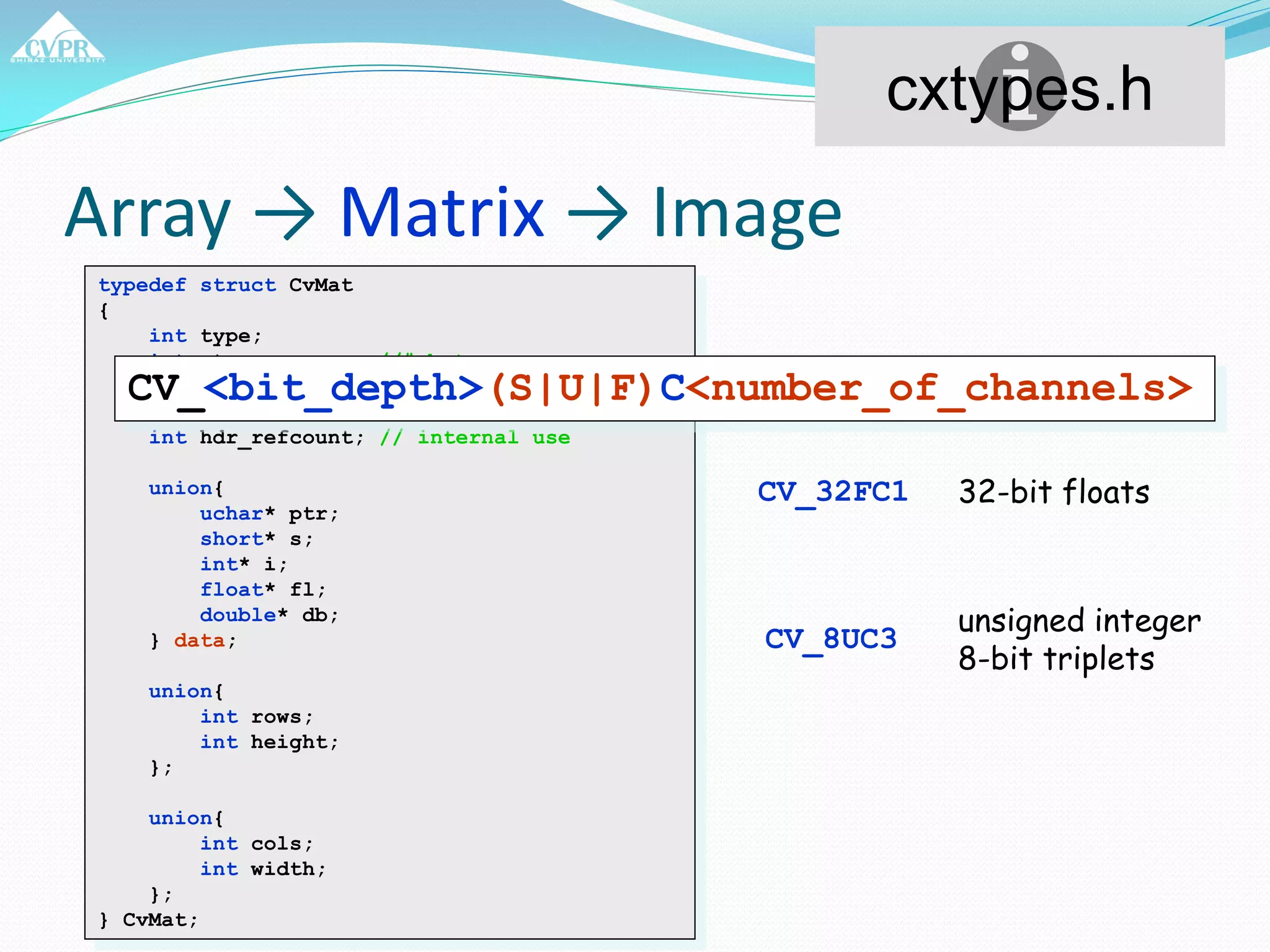 Array → Matrix → Image
typedef struct CvMat
{
int type;
int step; //# bytes per row
int* refcount; // internal use
int hdr_refcount; // internal use
union{
uchar* ptr;
short* s;
int* i;
float* fl;
double* db;
} data;
union{
int rows;
int height;
};
union{
int cols;
int width;
};
} CvMat;
cxtypes.h
CV_<bit_depth>(S|U|F)C<number_of_channels>
CV_8UC3
CV_32FC1 32-bit floats
unsigned integer
8-bit triplets
 