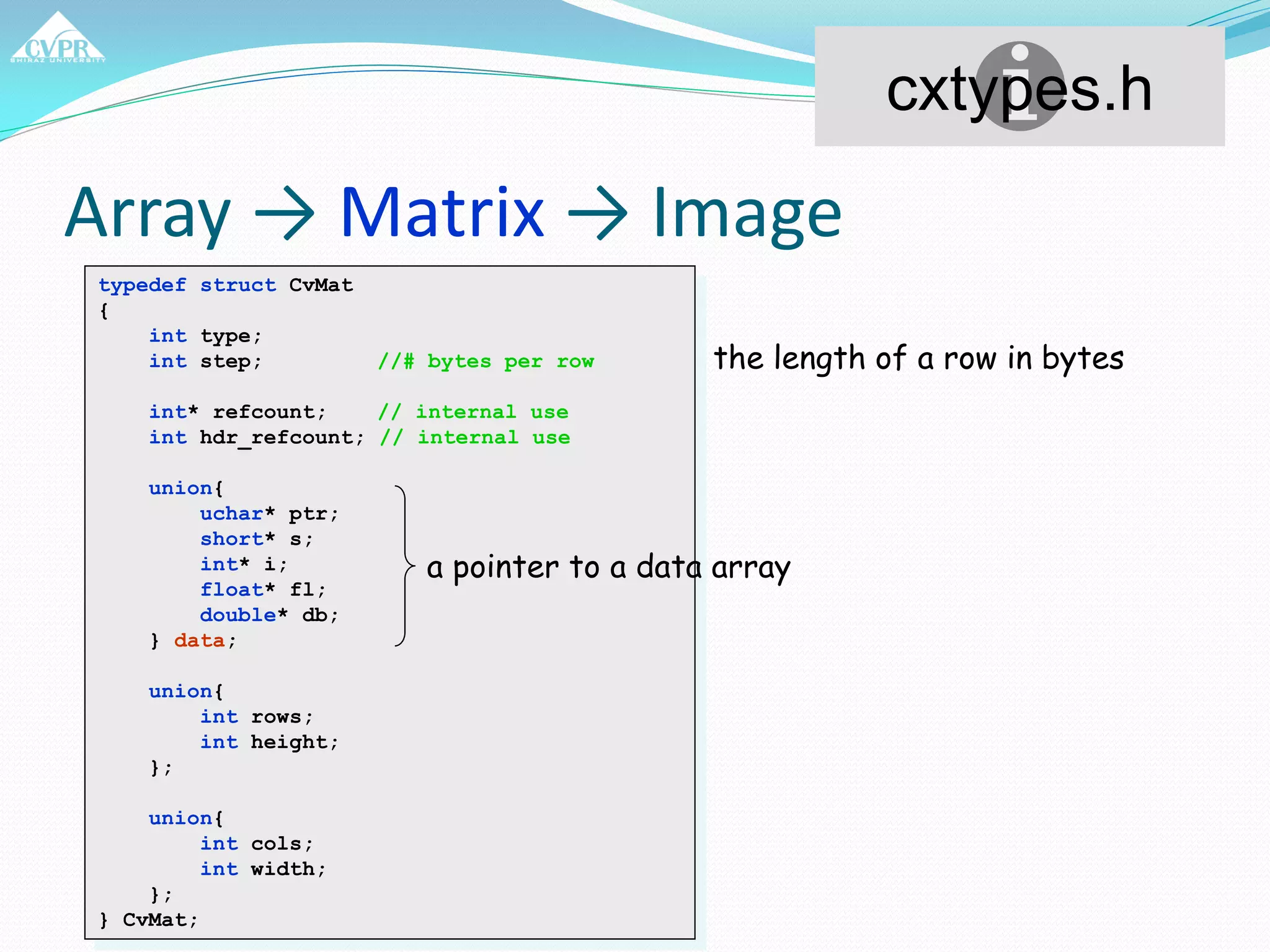 Array → Matrix → Image
typedef struct CvMat
{
int type;
int step; //# bytes per row
int* refcount; // internal use
int hdr_refcount; // internal use
union{
uchar* ptr;
short* s;
int* i;
float* fl;
double* db;
} data;
union{
int rows;
int height;
};
union{
int cols;
int width;
};
} CvMat;
cxtypes.h
the length of a row in bytes
a pointer to a data array
 