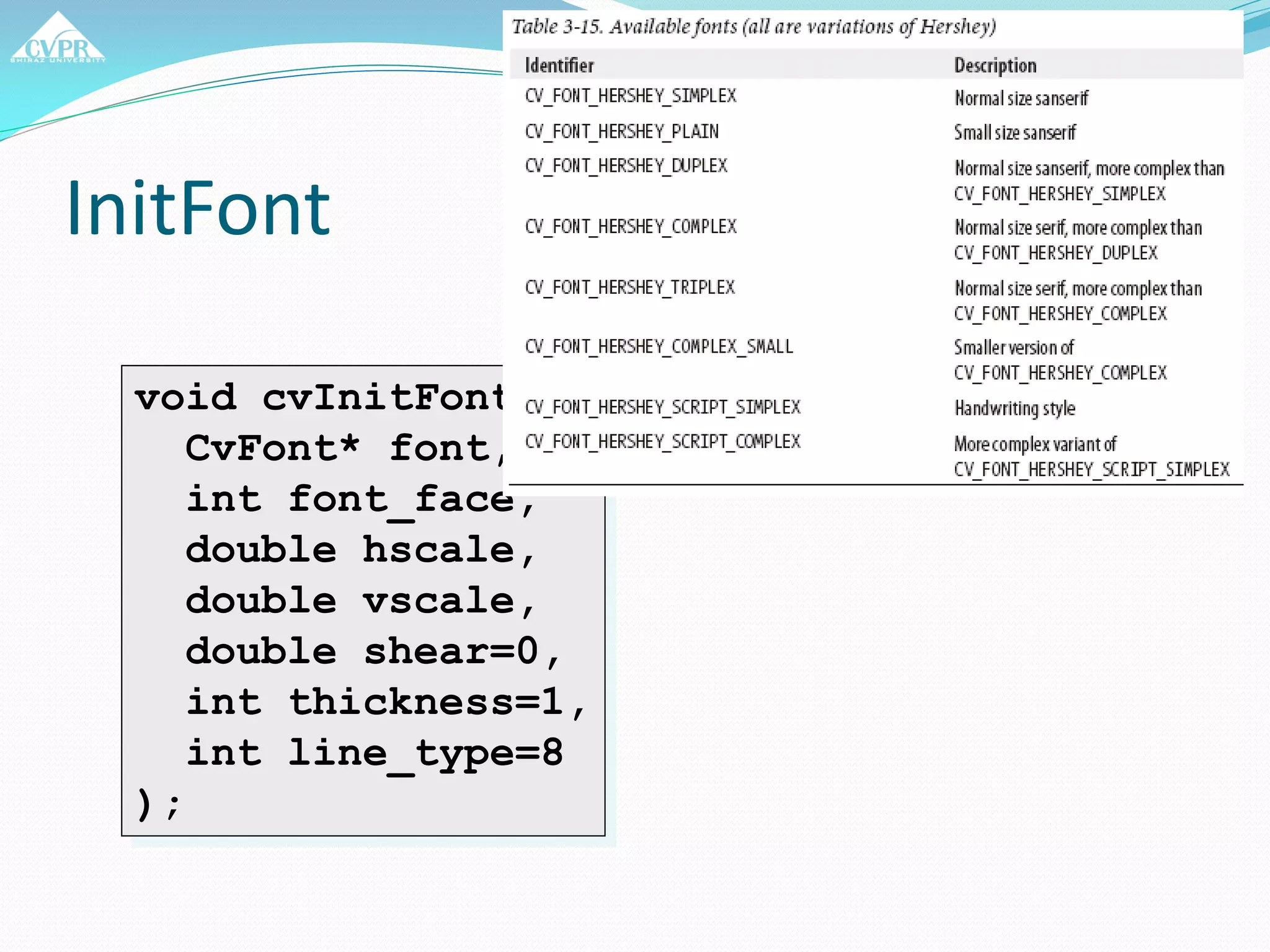 InitFont
void cvInitFont(
CvFont* font,
int font_face,
double hscale,
double vscale,
double shear=0,
int thickness=1,
int line_type=8
);
Initializes font structure
 