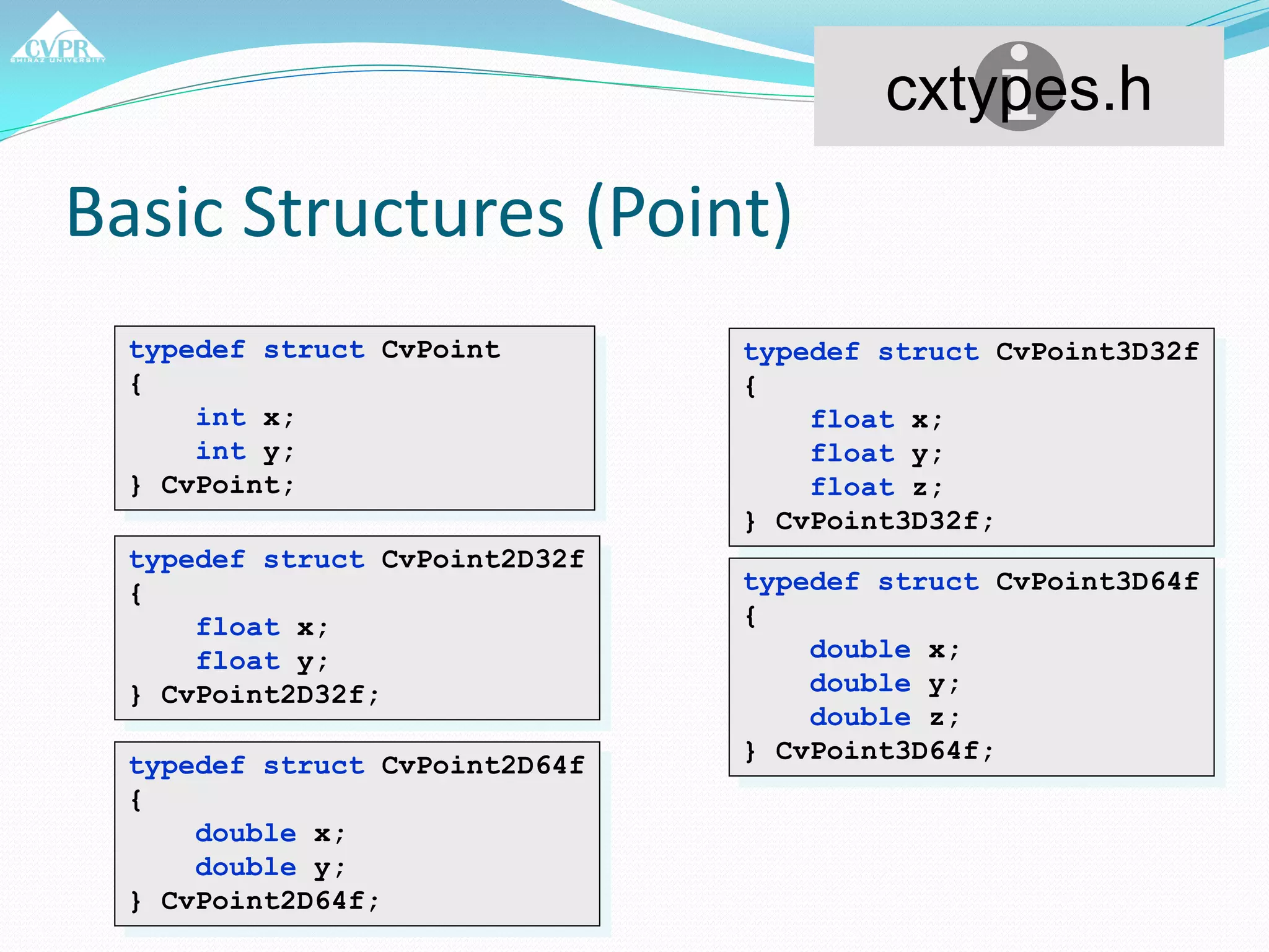 Basic Structures (Point)
typedef struct CvPoint
{
int x;
int y;
} CvPoint;
cxtypes.h
typedef struct CvPoint2D32f
{
float x;
float y;
} CvPoint2D32f;
typedef struct CvPoint2D64f
{
double x;
double y;
} CvPoint2D64f;
typedef struct CvPoint3D32f
{
float x;
float y;
float z;
} CvPoint3D32f;
typedef struct CvPoint3D64f
{
double x;
double y;
double z;
} CvPoint3D64f;
 