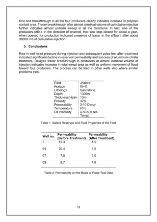 33
time and breakthrough in all the four producers clearly indicates increase in polymer
contact area. Tracer breakthrough after almost identical volume of cumulative injection
further indicates almost uniform sweep in all the directions. In fact, one of the
producers (#64), in the direction of channel, that was kept closed for about a year,
when opened for production indicated presence of tracer in the effluent after about
30000 rn3 of cumulative injection.
3. Conclusions
Rise in well head pressure during injection and subsequent pulse test after treatment
indicated significant decline in reservoir permeability and success of aluminium citrate
treatment. Delayed tracer breakthrough in producers at almost identical volume of
injection indicates increase in total swept area as well as uniform movement of flood
toward four producers. The process can be tried in other wells also where similar
problems exist.
Field
Horizon
Lithology
Depth
Thickness(Hp)m
Porosity
Permeability
Temperature
Oil Viscosity
Jhalora
IX+X
Sandstone
1300m
10m
32%
3-10 Darcy
85oc
4.5Cp(at res.
Temp)
Table 1: Salient Reservoir and Fluid Properties of the Field
Table 2: Permeability on the Basis of Pulse Test Data
Well no.
Permeability
(Before Treatment)
Permeability
(After Treatment)
3 12.3 1.5
64 20.4 3.5
67 7.5 3.0
69 8.7 1.8
 