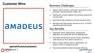 openshift.com
12
Customer Wins
Business Challenges
●  Need to match traveler’s reservation requests to various
providers’ inventory (airlines, hotels, etc.)
●  Dealing with constant updates from provider systems all
over the world
●  Must deliver high consistency and fast response times
●  Managing very high request volumes of up to ~210,000
queries per second at peak
●  Application-centric deployments, deploying the
application as a whole with all of its dependencies.
●  Automated scheduling across the cluster, decoupling
‘what should run’ from ‘where it should run’
●  Able to support different types of applications, not
limited to HTTP or stateless services
●  Improved operational model and greater efficiency
Key Benefits
 
