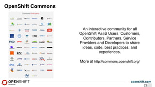 openshift.com
OpenShift Commons
An interactive community for all
OpenShift PaaS Users, Customers,
Contributors, Partners, Service
Providers and Developers to share
ideas, code, best practices, and
experiences.
More at http://commons.openshift.org/
22
 