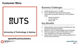 openshift.com
Customer Wins
Business Challenges
●  Standardization and automation of development and
operations (DevOps) processes
●  Support for many coding languages and frameworks
●  Reduced waste and costs with the ability to share
many applications on the same infrastructure
●  Users wouldn’t need to modify existing applications to
suit the new environment
Key Benefits
●  39,000 Students and 3,110 Staff
●  The IT department was experiencing service
bottlenecks and wasted resources in three different
areas:
○  student experience
○  virtual machines
○  legacy data
University of Technology in Sydney
69
 