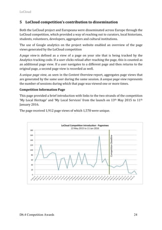 LoCloud	
D6.4 Competition Awards 24
Competition	Deadline	
5 LoCloud	competition’s	contribution	to	dissemination	
	
Both	the	LoCloud	project	and	Europeana	were	disseminated	across	Europe	through	the	
LoCloud	competition,	which	provided	a	way	of	reaching	out	to	curators,	local	historians,	
students,	volunteers,	developers,	aggregators	and	cultural	institutions.	
The	 use	 of	 Google	 analytics	 on	 the	 project	 website	 enabled	 an	 overview	 of	 the	 page	
views	generated	by	the	LoCloud	competition		
A	page	 view	is	 defined	 as	 a	 view	 of	 a	 page	 on	 your	 site	 that	 is	 being	 tracked	 by	 the	
Analytics	tracking	code.	If	a	user	clicks	reload	after	reaching	the	page,	this	is	counted	as	
an	additional	page	view.	If	a	user	navigates	to	a	different	page	and	then	returns	to	the	
original	page,	a	second	page	view	is	recorded	as	well.	
A	unique	page	view,	as	seen	in	the	Content	Overview	report,	aggregates	page	views	that	
are	generated	by	the	same	user	during	the	same	session.	A	unique	page	view	represents	
the	number	of	sessions	during	which	that	page	was	viewed	one	or	more	times.	
Competition	Information	Page	
This	page	provided	a	brief	introduction	with	links	to	the	two	strands	of	the	competition	
‘My	Local	Heritage‘	and	‘My	Local	Services’	from	the	launch	on	13th	May	2015	to	11th	
January	2016.	
The	page	received	1,912	page	views	of	which	1,578	were	unique.	
	
	
	
	
	
	
	
	
	
	
	
	
	
	
	
	
	
	
	
	 	
 