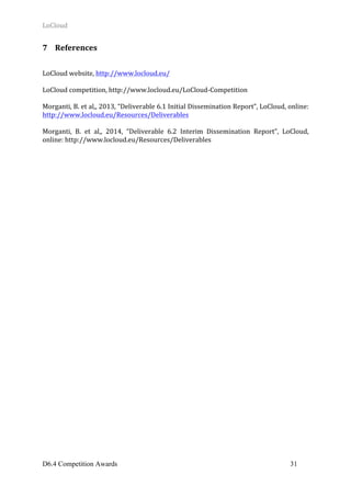 LoCloud	
D6.4 Competition Awards 31
7 References	
	
	
LoCloud	website,	http://www.locloud.eu/	
	
LoCloud	competition,	http://www.locloud.eu/LoCloud-Competition	
	
Morganti,	B.	et	al,,	2013,	“Deliverable	6.1	Initial	Dissemination	Report”,	LoCloud,	online:	
http://www.locloud.eu/Resources/Deliverables	
	
Morganti,	 B.	 et	 al,,	 2014,	 “Deliverable	 6.2	 Interim	 Dissemination	 Report”,	 LoCloud,	
online:	http://www.locloud.eu/Resources/Deliverables		
	
	
 