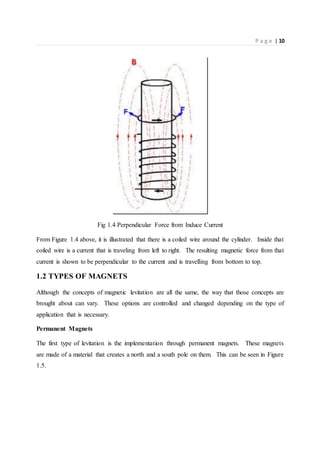 P a g e | 10
Fig 1.4 Perpendicular Force from Induce Current
From Figure 1.4 above, it is illustrated that there is a coiled wire around the cylinder. Inside that
coiled wire is a current that is traveling from left to right. The resulting magnetic force from that
current is shown to be perpendicular to the current and is travelling from bottom to top.
1.2 TYPES OF MAGNETS
Although the concepts of magnetic levitation are all the same, the way that those concepts are
brought about can vary. These options are controlled and changed depending on the type of
application that is necessary.
Permanent Magnets
The first type of levitation is the implementation through permanent magnets. These magnets
are made of a material that creates a north and a south pole on them. This can be seen in Figure
1.5.
 