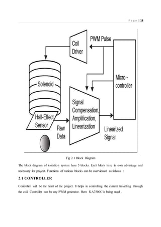 P a g e | 18
Fig 2.1 Block Diagram
The block diagram of levitation system have 5 blocks. Each block have its own advantage and
necessary for project. Functions of various blocks can be overviewed as follows :
2.1 CONTROLLER
Controller will be the heart of the project. It helps in controlling the current travelling through
the coil. Controller can be any PWM generator. Here KA7500C is being used .
 