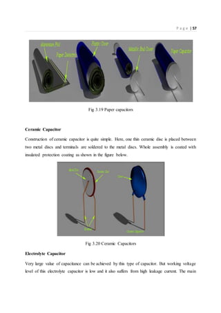 P a g e | 57
Fig 3.19 Paper capacitors
Ceramic Capacitor
Construction of ceramic capacitor is quite simple. Here, one thin ceramic disc is placed between
two metal discs and terminals are soldered to the metal discs. Whole assembly is coated with
insulated protection coating as shown in the figure below.
Fig 3.20 Ceramic Capacitors
Electrolyte Capacitor
Very large value of capacitance can be achieved by this type of capacitor. But working voltage
level of this electrolyte capacitor is low and it also suffers from high leakage current. The main
 