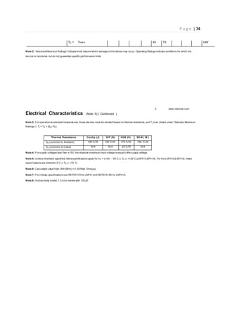 P a g e | 74
TA = TAMAX 45 75 mW
Note 2: “AbsoluteMaximum Ratings” indicatelimits beyondwhich damage tothe device may occur. Operating Ratings indicate conditions for which the
dev ice is functional, but do not guarantee specific performance limits.
3 www.national.com
Electrical Characteristics (Note 5) ( Continued )
Note 3: For operationat elevated temperatures, these devices must be derated based on thermal resistance, and Tj max. (listed under “Absolute Maximum
Ratings”). Tj = TA + (θjA PD).
Thermal Resistance Cerdip (J) DIP (N) HO8 (H) SO-8 ( M )
θjA (Junction to Ambient) 100˚C/W 100˚C/W 170˚C/W 195 ˚C/W
θjC (Junction to Case) N/A N/A 25˚C/W N/A
Note 4: For supply voltages less than ±15V, the absolute maximum input voltage is equal to the supply voltage.
Note 5: Unless otherwise specified, thesespecifications apply for VS = ±15V, −55˚C ≤ TA ≤ +125˚C (LM741/LM741A). For the LM741C/LM741E, these
specif ications are limitedto 0˚C ≤ TA ≤ +70 ˚C.
Note 6: Calculated value from: BW (MHz) = 0.35/Rise Time(µs).
Note 7: For military specifications see RETS741Xfor LM741 and RETS741AXf or LM741A.
Note 8: Human body model, 1.5 kΩin series with 100 pF.
 