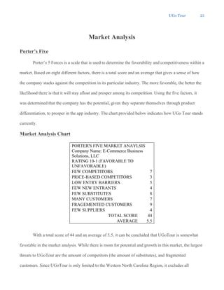 UGo Tour 23
Market Analysis
Porter’s Five
Porter’s 5 Forces is a scale that is used to determine the favorability and competitiveness within a
market. Based on eight different factors, there is a total score and an average that gives a sense of how
the company stacks against the competition in its particular industry. The more favorable, the better the
likelihood there is that it will stay afloat and prosper among its competition. Using the five factors, it
was determined that the company has the potential, given they separate themselves through product
differentiation, to prosper in the app industry. The chart provided below indicates how UGo Tour stands
currently.
Market Analysis Chart
With a total score of 44 and an average of 5.5, it can be concluded that UGoTour is somewhat
favorable in the market analysis. While there is room for potential and growth in this market, the largest
threats to UGoTour are the amount of competitors (the amount of substitutes), and fragmented
customers. Since UGoTour is only limited to the Western North Carolina Region, it excludes all
PORTER'S FIVE MARKET ANAYLSIS
Company Name: E-Commerce Business
Solutions, LLC
RATING 10-1 (FAVORABLE TO
UNFAVORABLE)
FEW COMPETITORS 7
PRICE-BASED COMPETITORS 3
LOW ENTRY BARRIERS 5
FEW NEW ENTRANTS 4
FEW SUBSTITUTES 8
MANY CUSTOMERS 7
FRAGEMENTED CUSTOMERS 9
FEW SUPPLIERS 4
TOTAL SCORE 44
AVERAGE 5.5
 