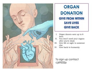 To sign up contact
cj69532p
I. Organ donors save up to 8
lives.
II. You won’t need your organs
after you’re dead.
III. Give life or sight to someone
else
IV. Give back to humanity
 