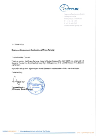 Stamped Employment Certificate - Prabhu Perumal