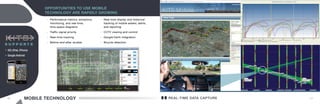 16 17
Opportunities to use mobile
technology are rapidly growing
»» Performance metrics, emissions
monitoring, and real-time,
time-space diagrams
»» Traffic signal priority
»» Real-time tracking
»» Before-and-after studies
»» Real-time display and historical
tracking of mobile assets, alerts,
and reporting
»» CCTV viewing and control
»» Google Earth integration
»» Bicycle detection
42
42
42
42
44
43
43
45
45
45
45
47
42
42
41
39
40
46
S u p p o r t s
hh iOS (iPad, iPhone)
hh Google Android
Mobile Technology real-time data capture
 