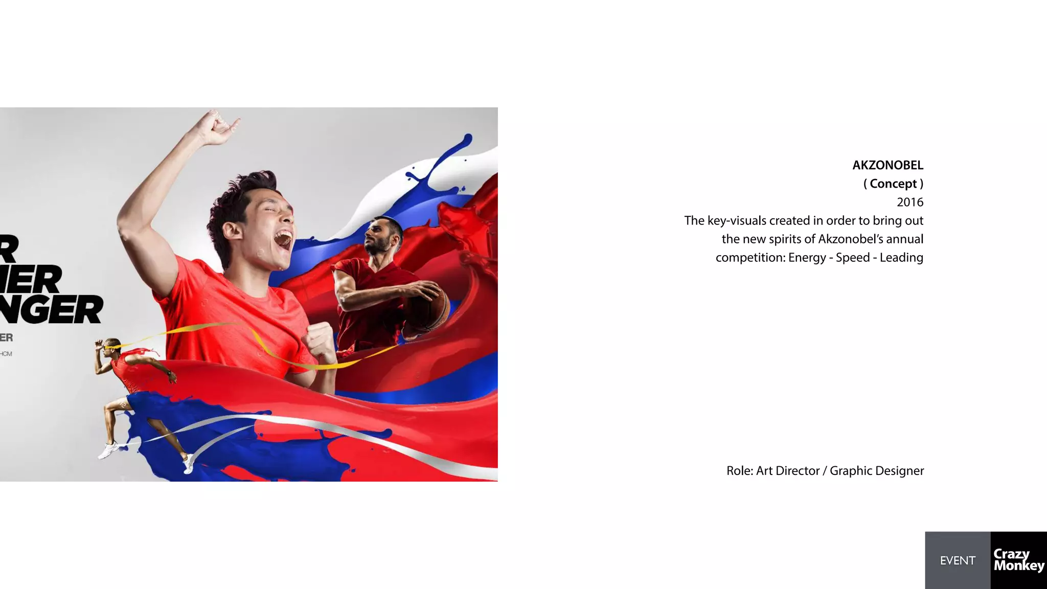 EVENT
AKZONOBEL
( Concept )
2016
The key-visuals created in order to bring out
the new spirits of Akzonobel’s annual
competition: Energy - Speed - Leading
Role: Art Director / Graphic Designer
 