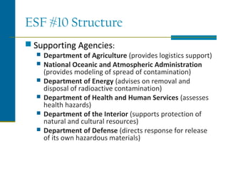 ESF #10 Structure
 Supporting Agencies:
 Department of Agriculture (provides logistics support)
 National Oceanic and Atmospheric Administration
(provides modeling of spread of contamination)
 Department of Energy (advises on removal and
disposal of radioactive contamination)
 Department of Health and Human Services (assesses
health hazards)
 Department of the Interior (supports protection of
natural and cultural resources)
 Department of Defense (directs response for release
of its own hazardous materials)
 