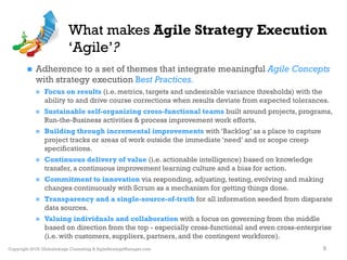 Copyright 2016: Globalinkage Consulting & AgileStrategyManager.com
What makes Agile Strategy Execution
‘Agile’?
6
n  Adherence to a set of themes that integrate meaningful Agile Concepts
with strategy execution Best Practices.
n  Focus on results (i.e. metrics, targets and undesirable variance thresholds) with the
ability to and drive course corrections when results deviate from expected tolerances.
n  Sustainable self-organizing cross-functional teams built around projects, programs,
Run-the-Business activities & process improvement work efforts.
n  Building through incremental improvements with ‘Backlog’ as a place to capture
project tracks or areas of work outside the immediate ‘need’ and or scope creep
specifications.
n  Continuous delivery of value (i.e. actionable intelligence) based on knowledge
transfer, a continuous improvement learning culture and a bias for action.
n  Commitment to innovation via responding, adjusting, testing, evolving and making
changes continuously with Scrum as a mechanism for getting things done.
n  Transparency and a single-source-of-truth for all information seeded from disparate
data sources.
n  Valuing individuals and collaboration with a focus on governing from the middle
based on direction from the top - especially cross-functional and even cross-enterprise
(i.e. with customers, suppliers, partners, and the contingent workforce).
 