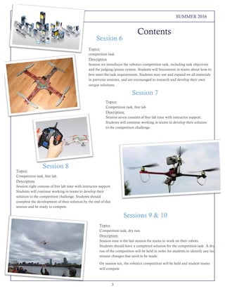 3
THE LOREM IPSUMS SUMMER 2016
Contents
Session 6
Topics:
competition task
Description
Session six introduces the robotics competition task, including task objectives
and the judging/points system. Students will brainstorm in teams about how to
best meet the task requirements. Students may use and expand on all materials
in previous sessions, and are encouraged to research and develop their own
unique solutions.
Session 7
Topics:
Competition task, free lab.
Description:
Session seven consists of free lab time with instructor support.
Students will continue working in teams to develop their solution
to the competition challenge.
Session 8
Topics:
Competition task, free lab.
Description:
Session eight consists of free lab time with instructor support.
Students will continue working in teams to develop their
solution to the competition challenge. Students should
complete the development of their solution by the end of this
session and be ready to compete.
Sessions 9 & 10
Topics:
Competition task, dry run.
Description:
Session nine is the last session for teams to work on their robots.
Students should have a completed solution for the competition task. A dry
run of the competition will be held in order for students to identify any last
minute changes that need to be made.
On session ten, the robotics competition will be held and student teams
will compete
 