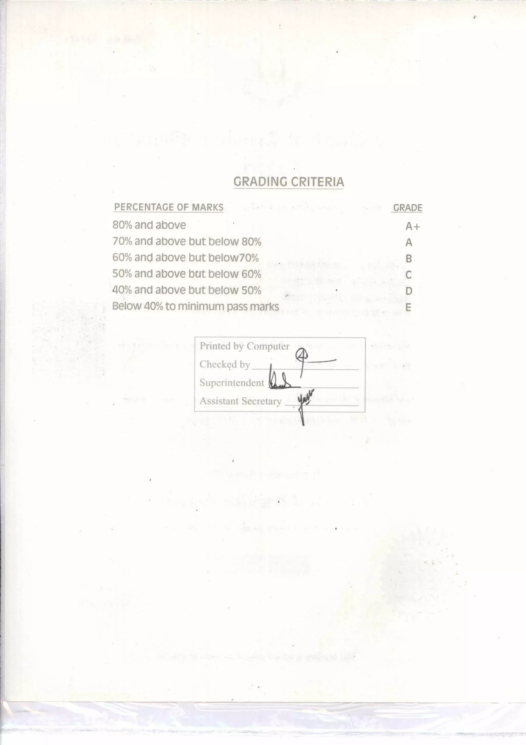 Printed by Computer
Checked by
Superintendent
Assistant Secretary
GRADING CRITERIA
PERCENTAGE OF MARKS GRADE
80% and above A+
70% and above but below 80% A
60% and above but below70%
50% and above but below 60%
40% and above but below 50%
Below 40% to minimum pass marks
 