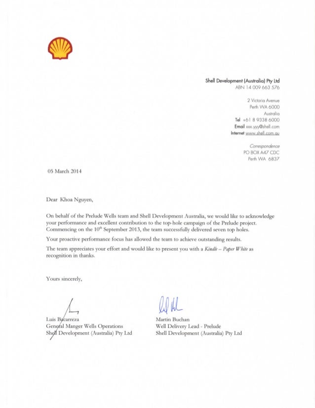 4a. Shell Prelude tophole, letter of appreciation Khoa Nguyen